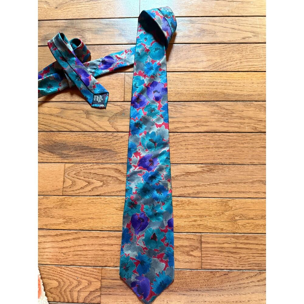Vintage Viaggio Silk Tie Floral Watercolor Teal Purple Made in USA 100% Silk